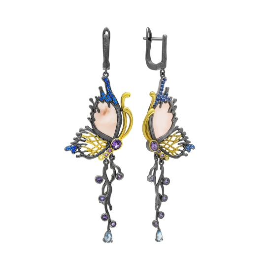 Серьги из серебра с позолотой, перламутром и фианитами