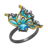 Кольцо из серебра с позолотой,эмалью и фианитами