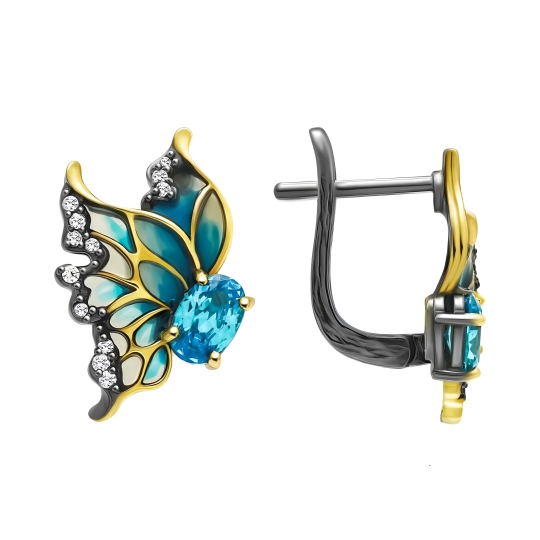 Серьги из серебра с позолотой, эмалью и фианитами