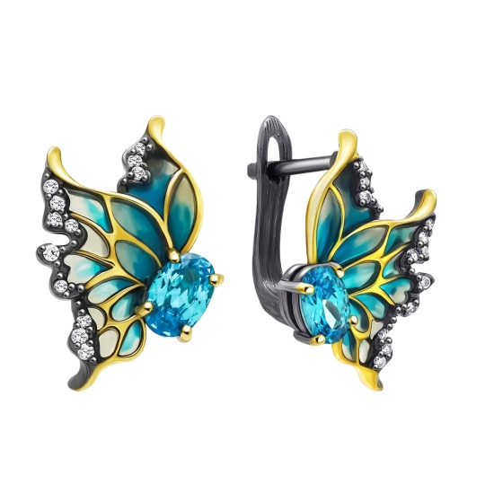 Серьги из серебра с позолотой, эмалью и фианитами