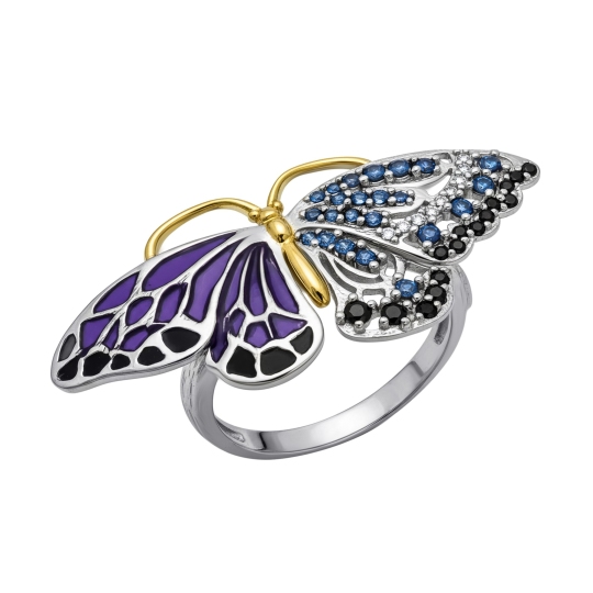 Кольцо из серебра с позолотой, шпинелью,эмалью и фианитами