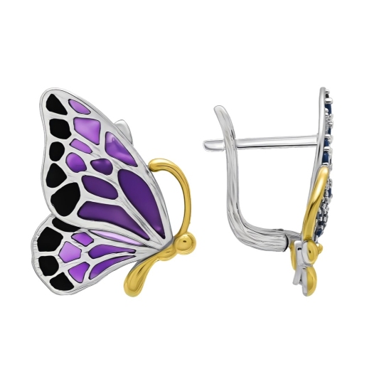 Серьги из серебра с позолотой, шпинелью,эмалью и фианитами