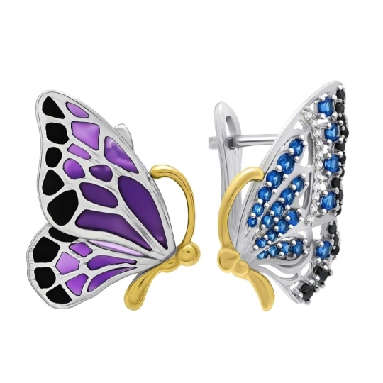 Серьги из серебра с позолотой, шпинелью,эмалью и фианитами