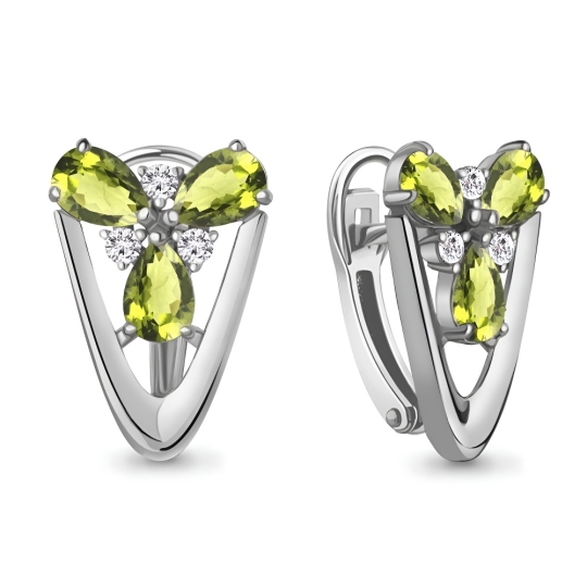 Серьги из серебра с хризолитами и фианитами