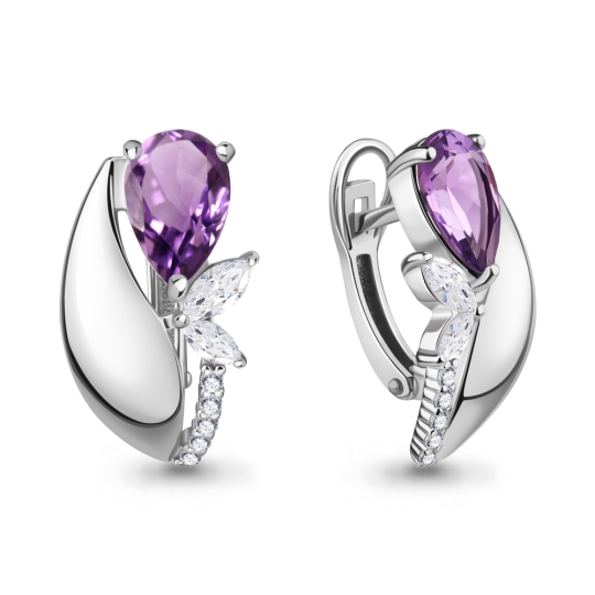 Серьги из серебра с аметистами и фианитами