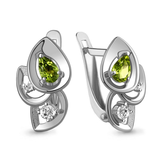 Серьги из серебра с хризолитами и фианитами