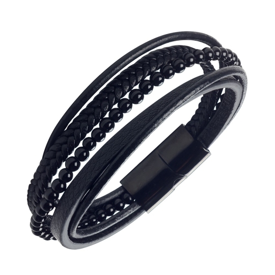 Браслет из кожи с агатом и вставками из стали