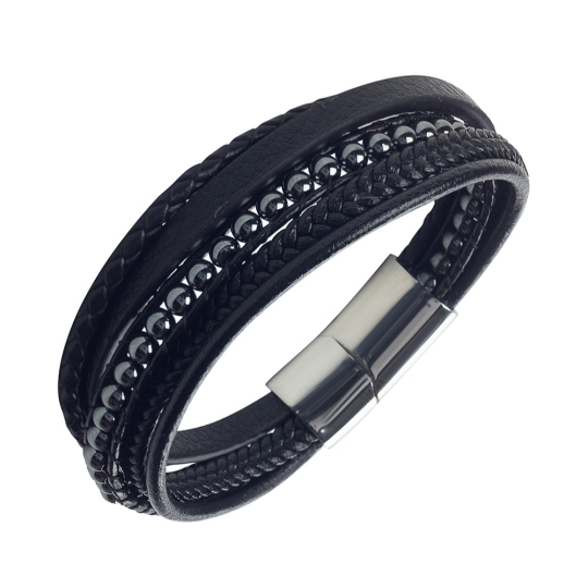 Браслет из кожи с гематитом и вставками из стали