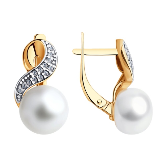 Серьги из серебра с позолотой, жемчугом и фианитами