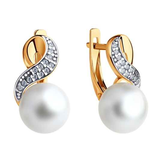 Серьги из серебра с позолотой, жемчугом и фианитами