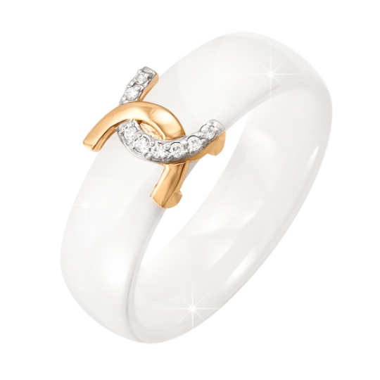 Кольцо из керамики с золотой вставкой и фианитами