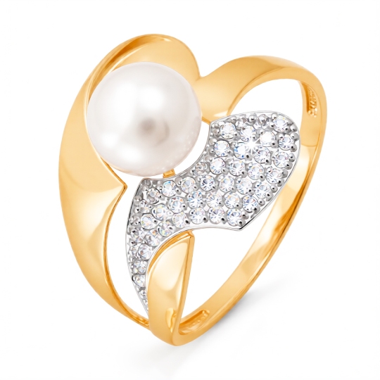 Кольцо из золота с жемчугом и фианитами