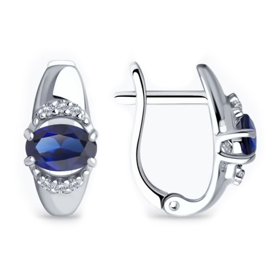 Серьги из серебра с сапфировыми корундами и фианитами