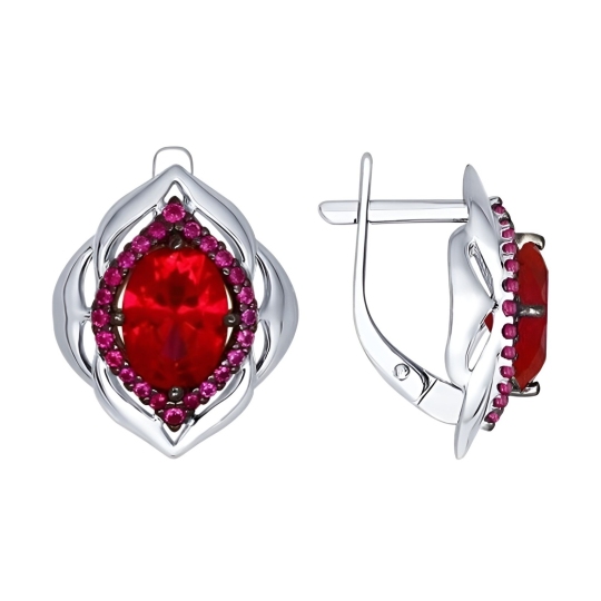 Серьги из серебра с рубиновыми корундами и фианитами