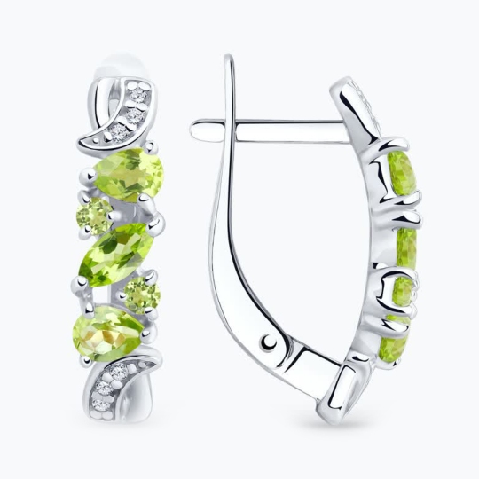 Серьги из серебра с хризолитами и фианитами