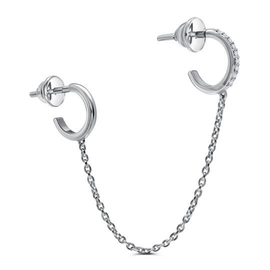 Одиночная серьга в два прокола из серебра с фианитами