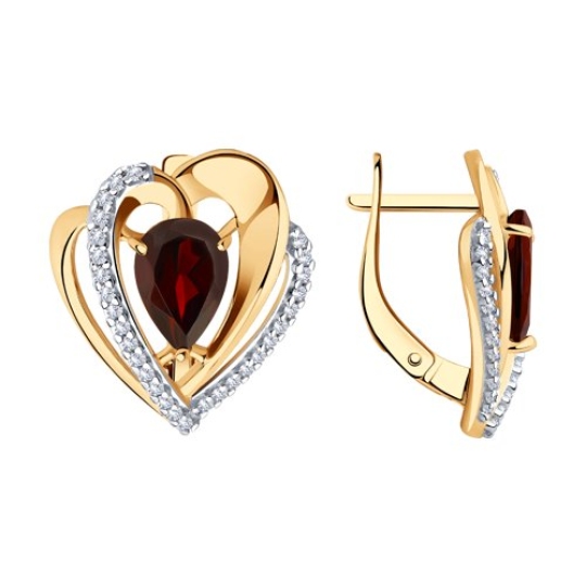 Серьги из серебра с позолотой, гранатами и фианитами