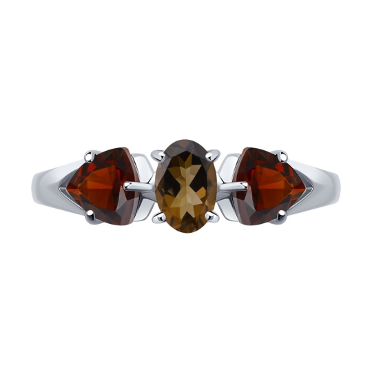 Кольцо из серебра с гранатами и раухтопазом