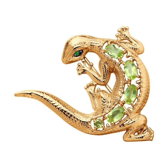 Брошь из серебра с позолотой, с хризолитами и фианитами 