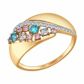 Кольцо из золота с зелёными, розовыми и бесцветными фианитами